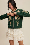 Embroidered Floral Knit Cardigan in Green
