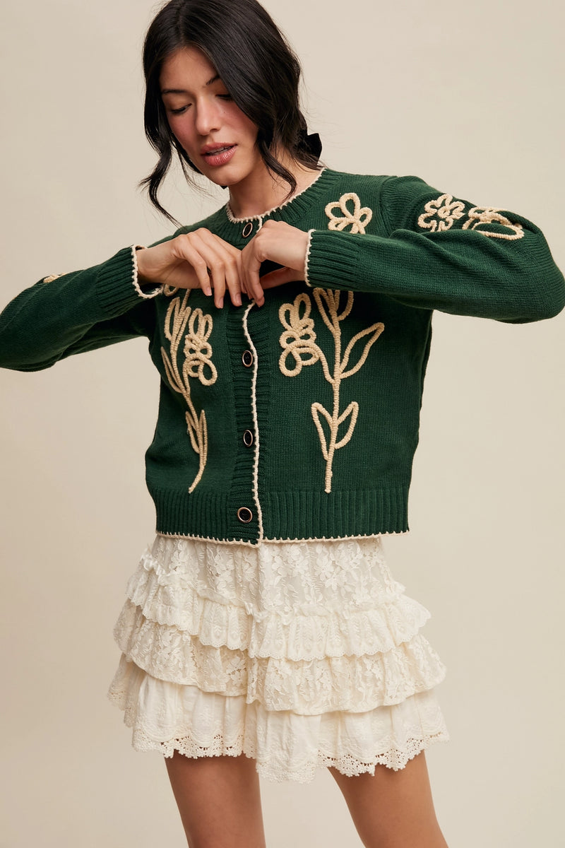 Embroidered Floral Knit Cardigan in Green