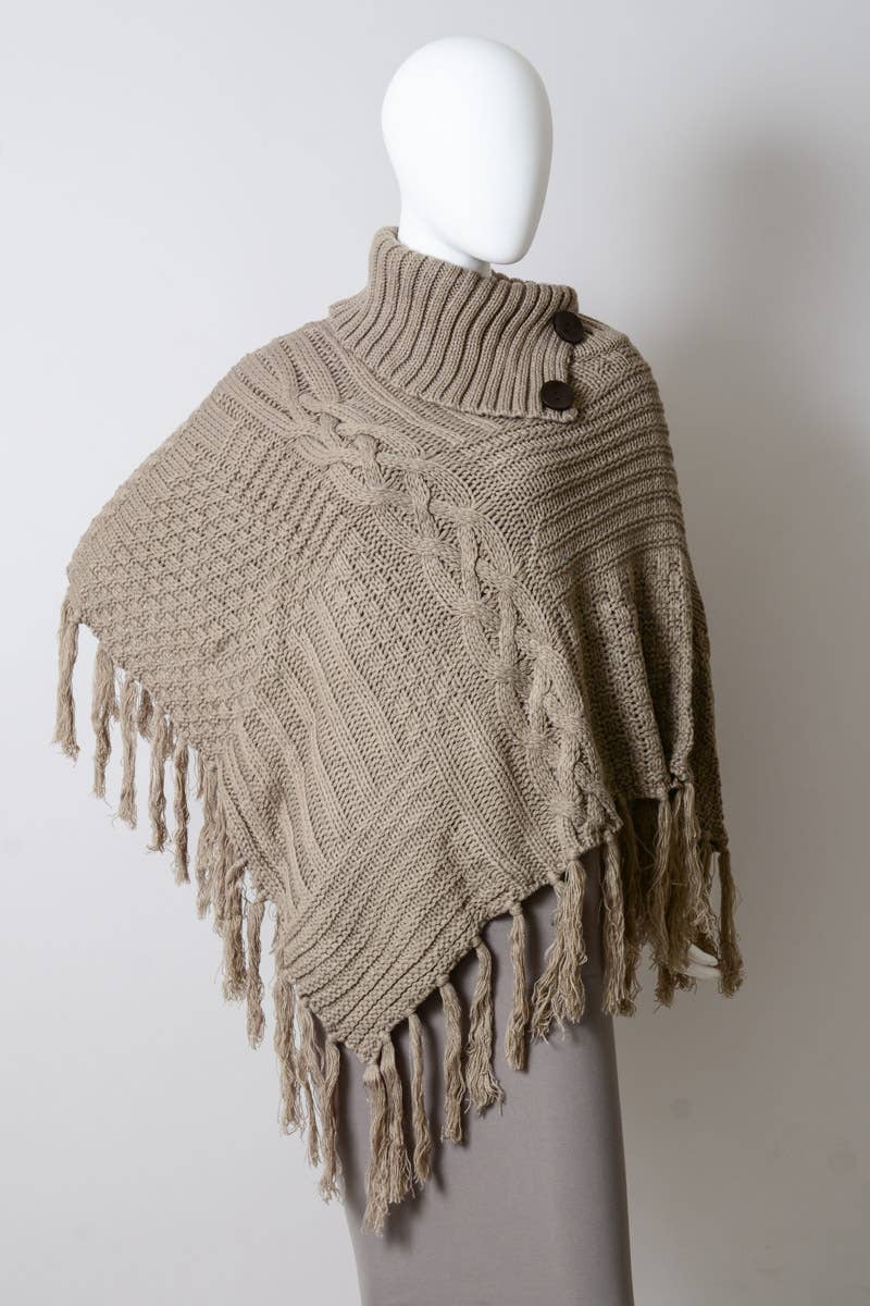Turtleneck Cable Knit Poncho With Tassels: Mocha