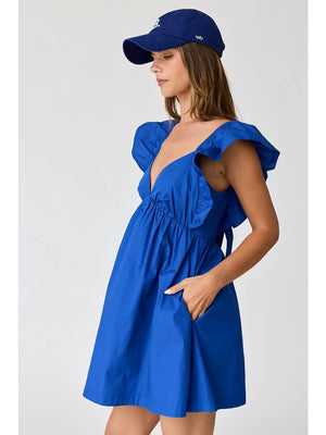 Audrey Tie-Back Ruffle Mini Dress in Cobalt Blue