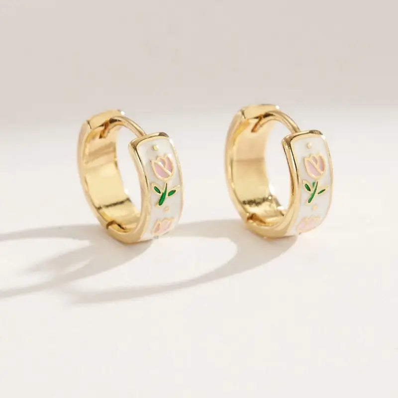Vintage Cloisonne Floral Huggie Hoop Earrings