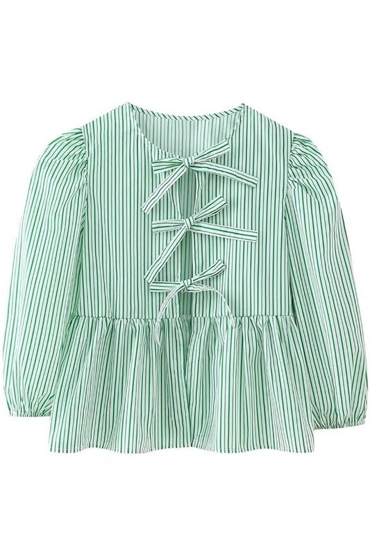 Polly Striped Round Neck Bow Blouse