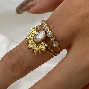 Francoise 18K Gold Non-Tarnish Sun Stone CZ Layered Ring