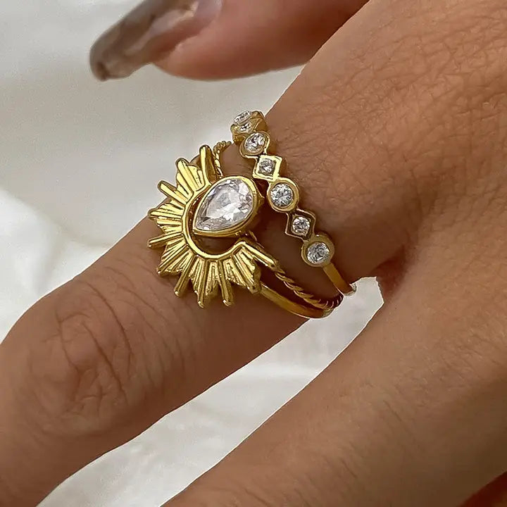 Francoise 18K Gold Non-Tarnish Sun Stone CZ Layered Ring