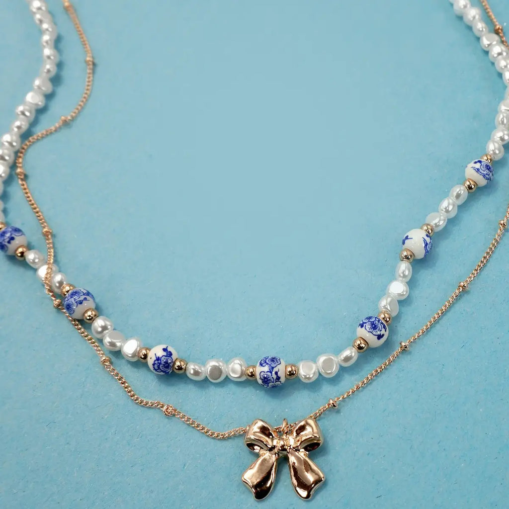 Ceramic Porcelain Pearl Bow Layer Necklace