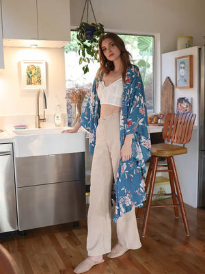 Flowing Floral Kimono With Butterfly Sleeves in Teal
