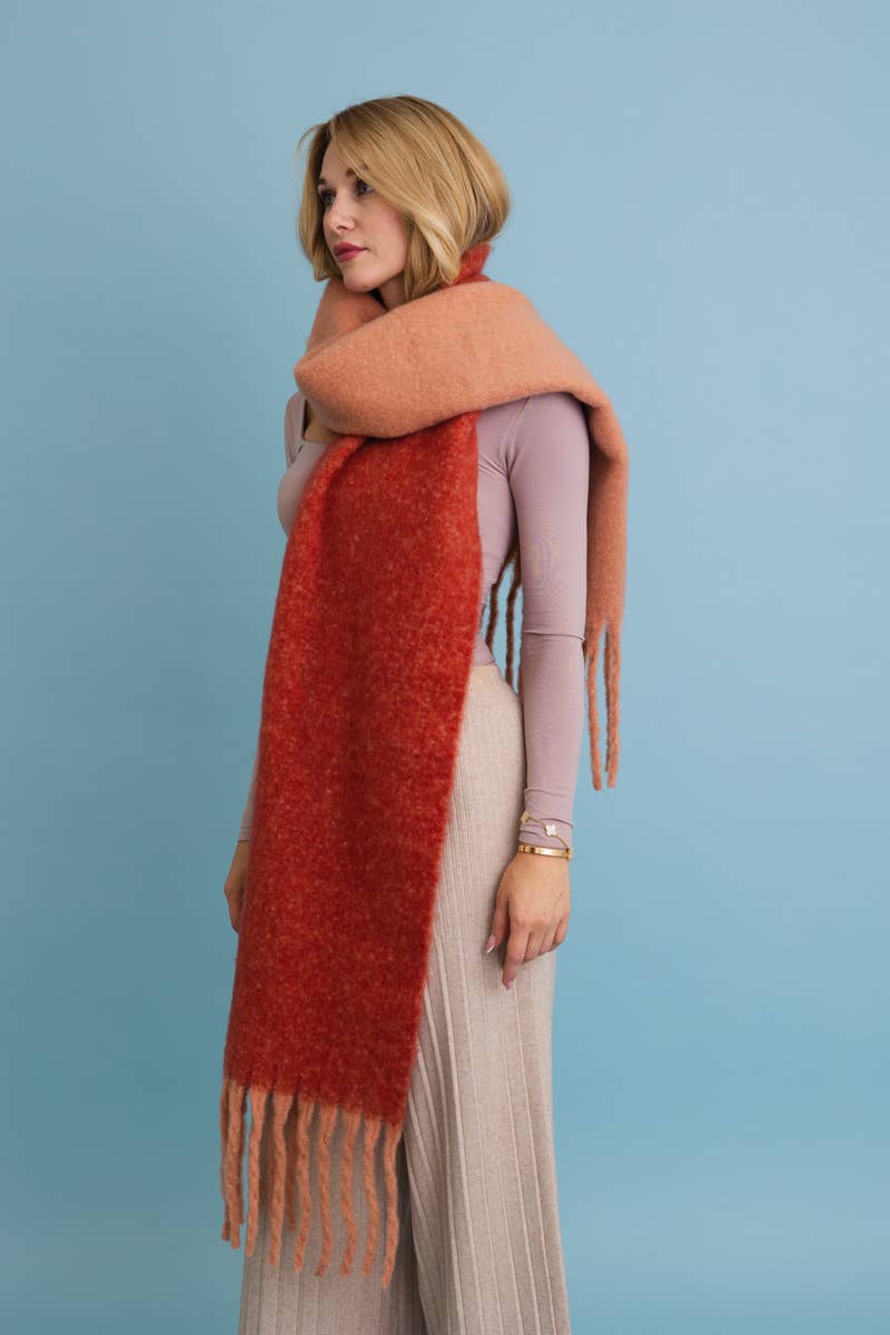 Cozy Solid Two Tone Tassel Scarf in Rust, Blue or Red