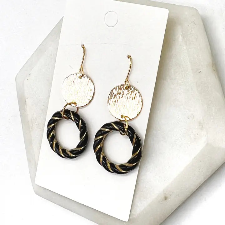 Black Gold Twist Acrylic Double Disc Earrings