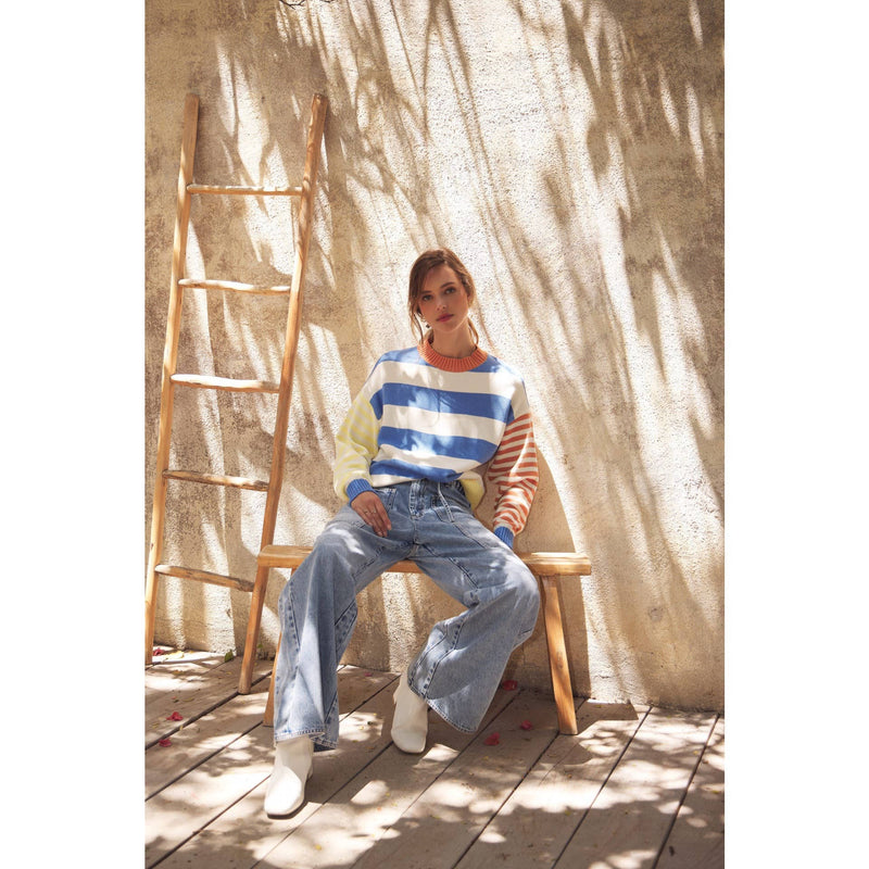 Joyful Color Blocked Striped Cotton Sweatshirt