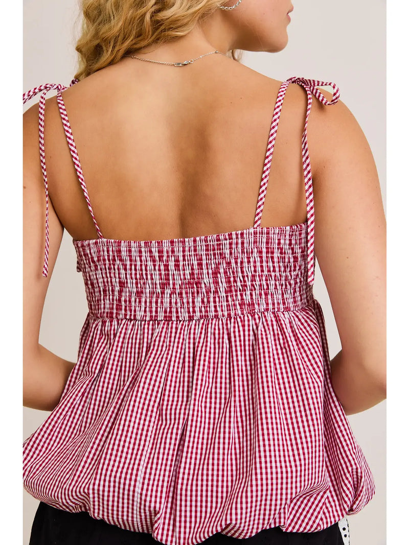 Shayla Shoulder Tie Bubble Hem Top in Red-White Gingham