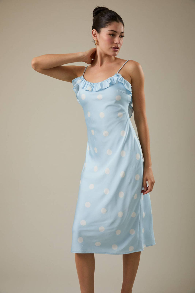 Hayley Sleeveless Satin Bias Midi Dress in Blue & White Polka Dot Large
