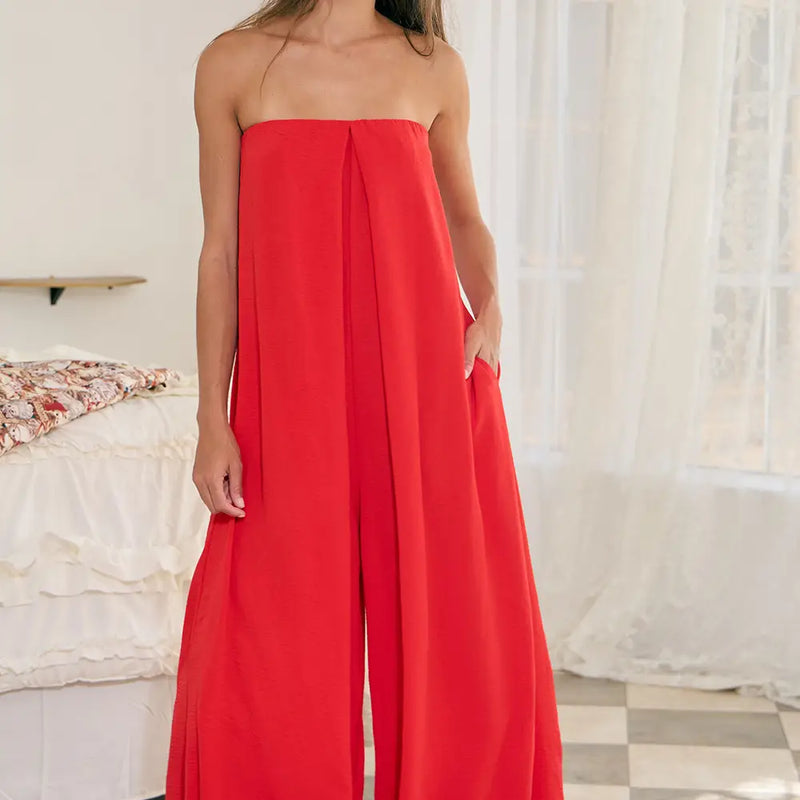 Nicolette Strapless Flowy Jumpsuit in Red by Bucketlist