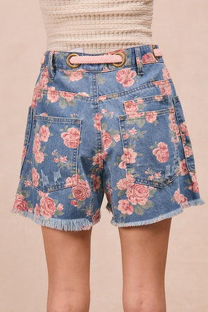 Betty Patch Pocket Floral Print Denim Shorts With Belt