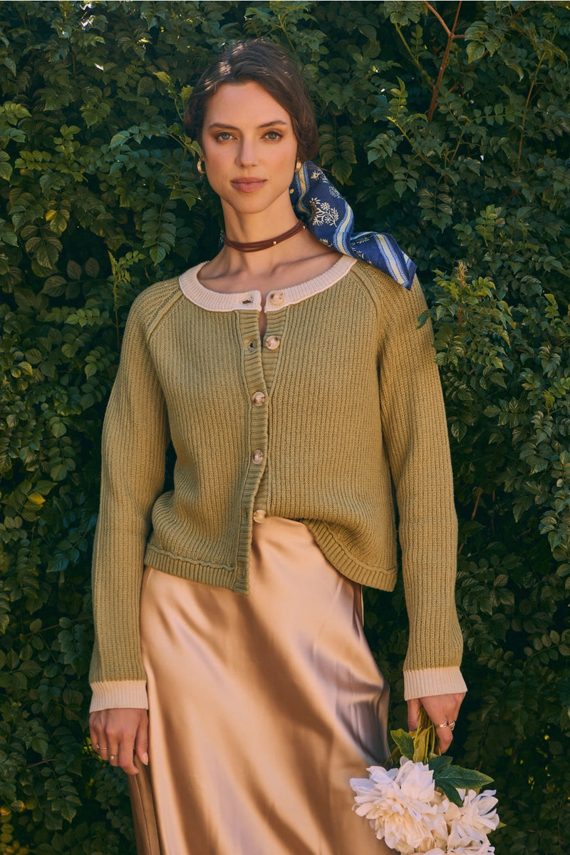 Carrie Soft Button Down Cardigan in Light Olive/Stone