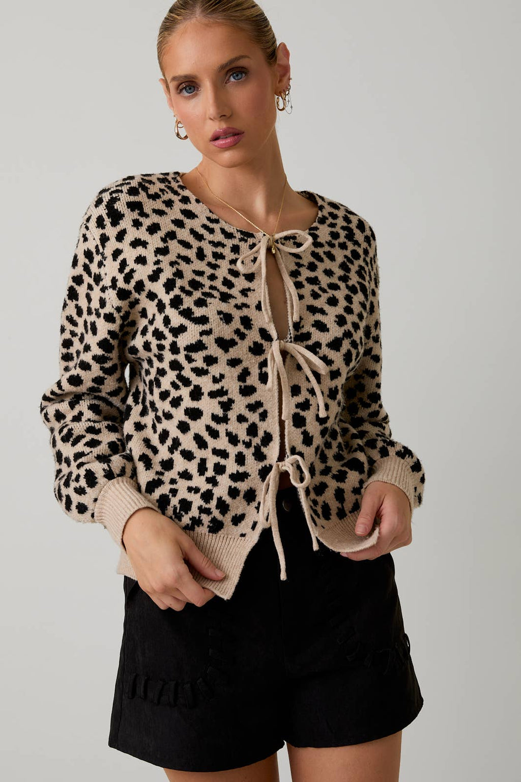 Mandy Front Tie Detail Animal Print Cardigan