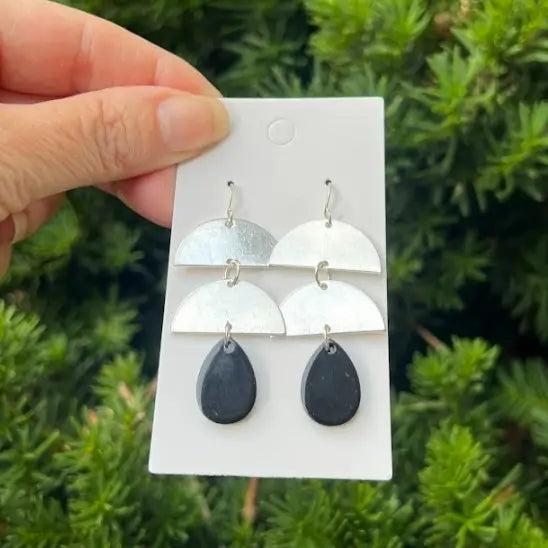 Silver Black Double Luna Drop Earrings