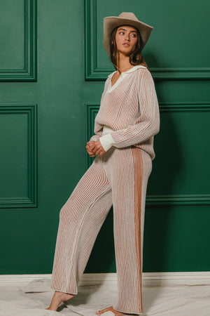 Hazel Two Tone Ribbed Collared Sweater and Pant Set