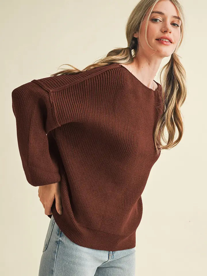 Tara Boat Neck Bubble Sleeve Sweater in Hot Chocolate