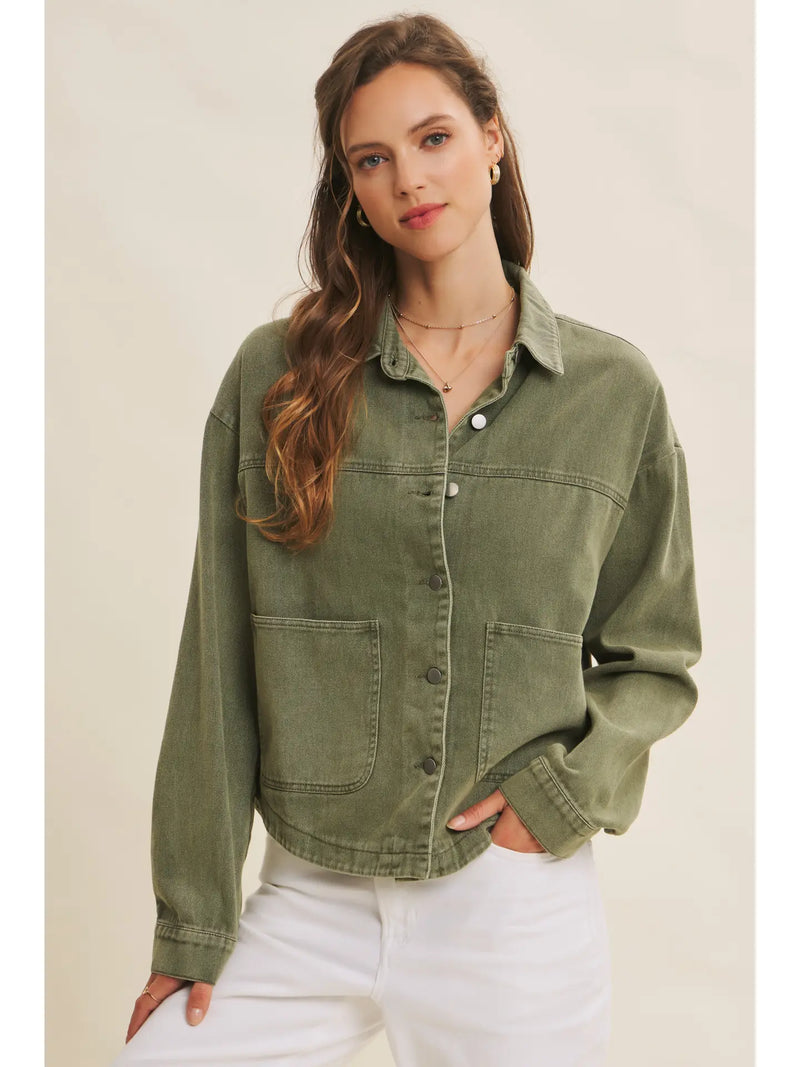 Washed Cotton Twill Oversized Jacket in Olive
