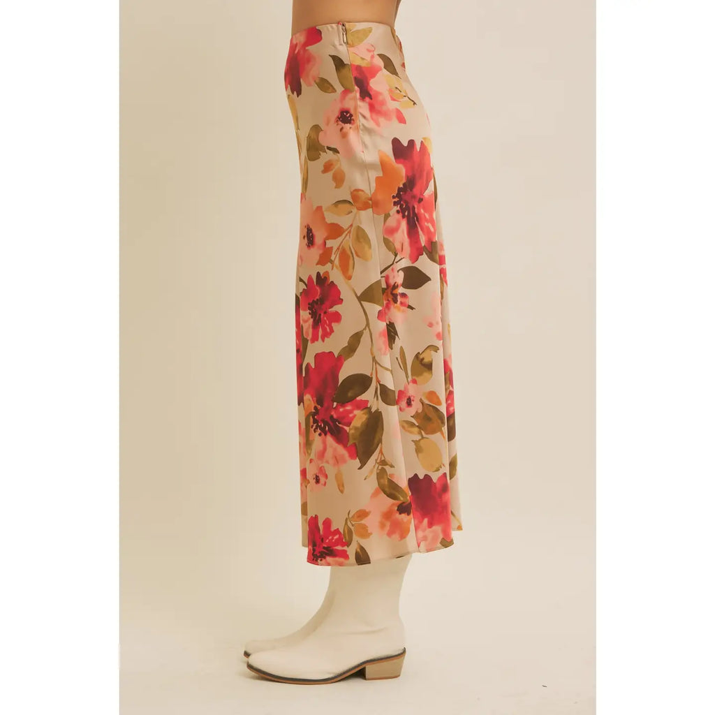 Satin Bias Cut Maxi Skirt in Taupe Floral
