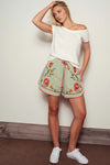 Sage Embroidered Floral Drawstring Shorts