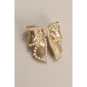 Gold Pearl Bow Ribbon Brooch