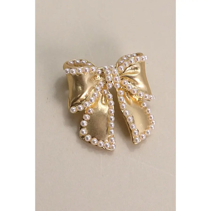 Gold Pearl Bow Ribbon Brooch