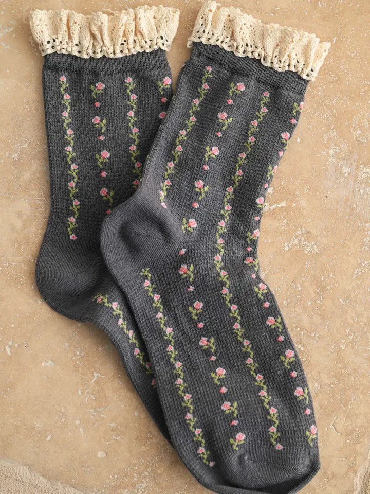 Floral Print Crochet Trim Socks by Miou Muse