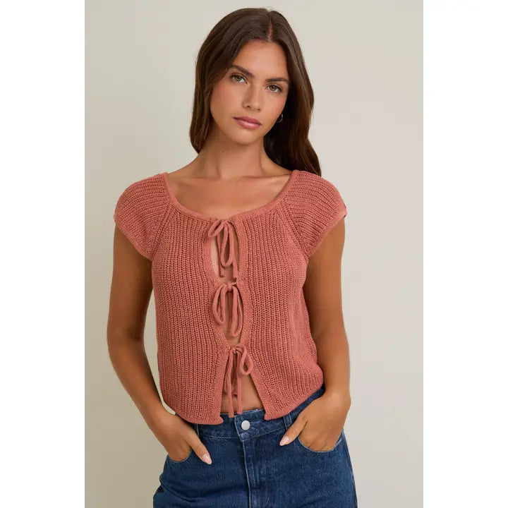 Front Tie Sleeveless Sweater Cardigan in Dusty Peach by Le Lis