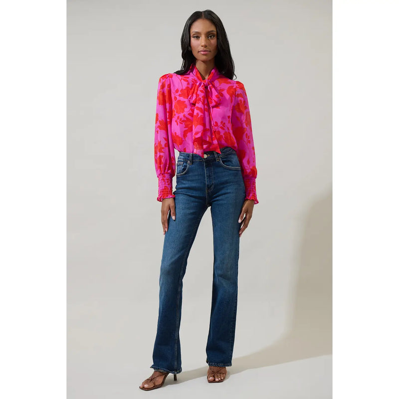 Kensie Floral Etienne Tie Neck Long Sleeve Blouse by Sugarlips