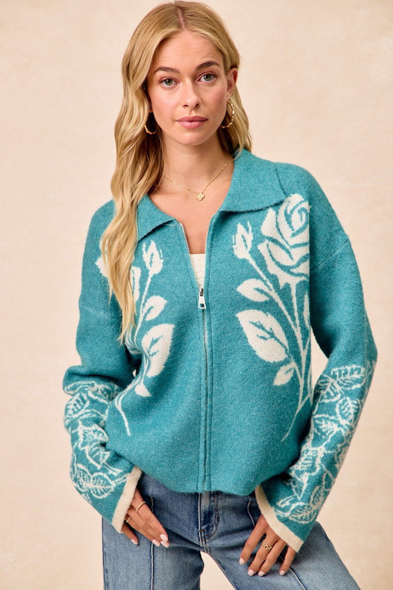 Teal Flower Sweater Zip-Front Cardigan
