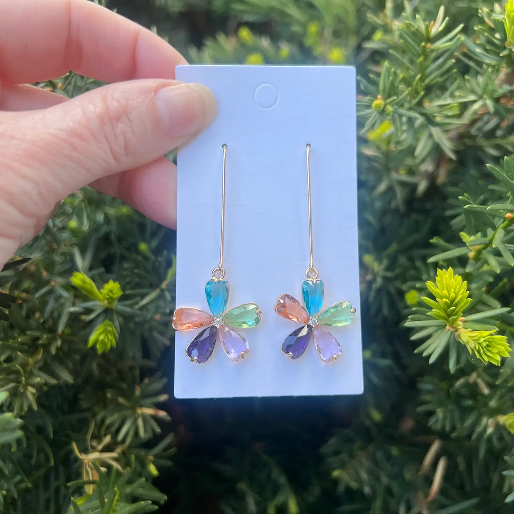 Multi Color Flower Long Drop Crystal Earrings