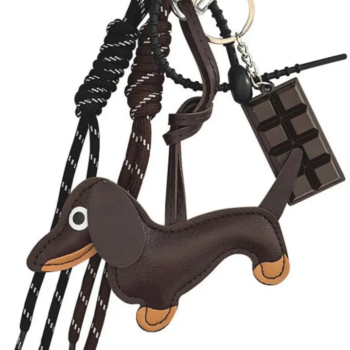 Chocolate Dachshund Bag Charm With Braided Accessory