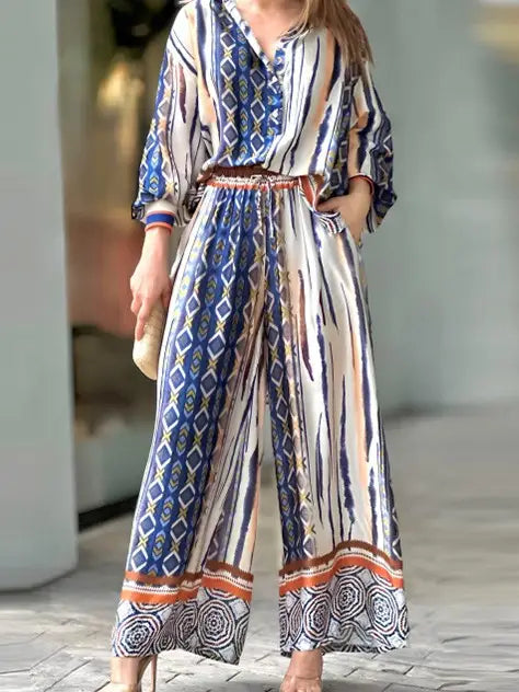 Esther Bohemian Balloon Sleeve Blouse and Wide Leg 2 Piece Set