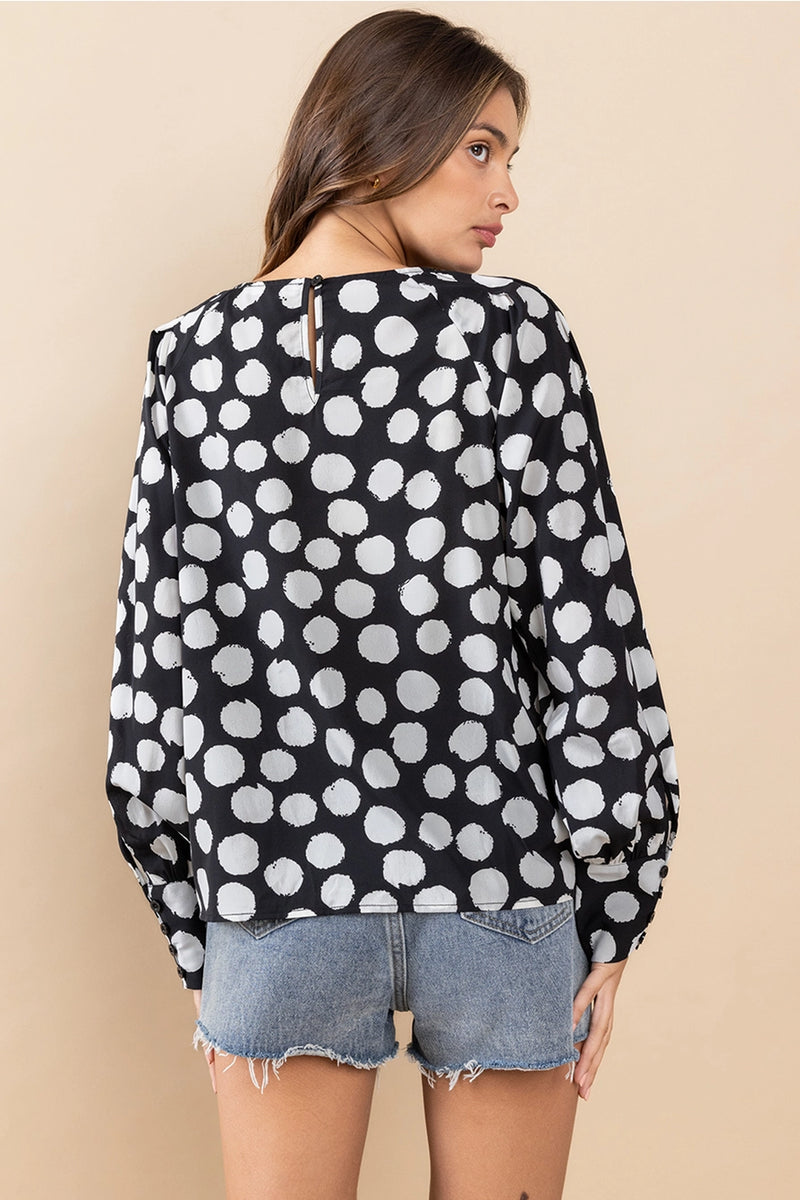 Tami Polka Dot Shirring Blouse in Black/White