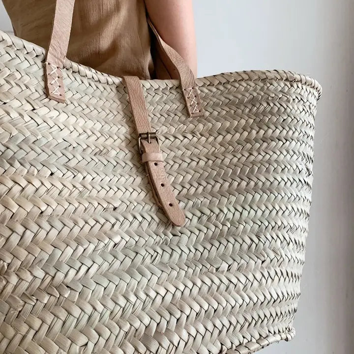 Handmade Moroccan Straw Basket Bag with Leather Straps