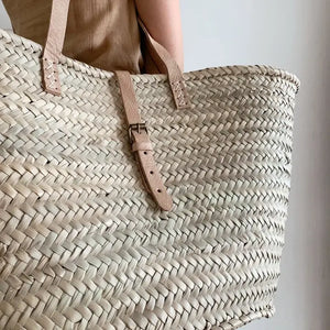 Handmade Moroccan Straw Basket Bag with Leather Straps