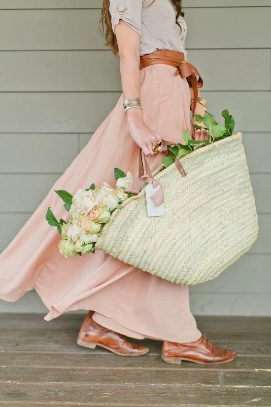 Handmade French Market Straw Bag With Leather Handles