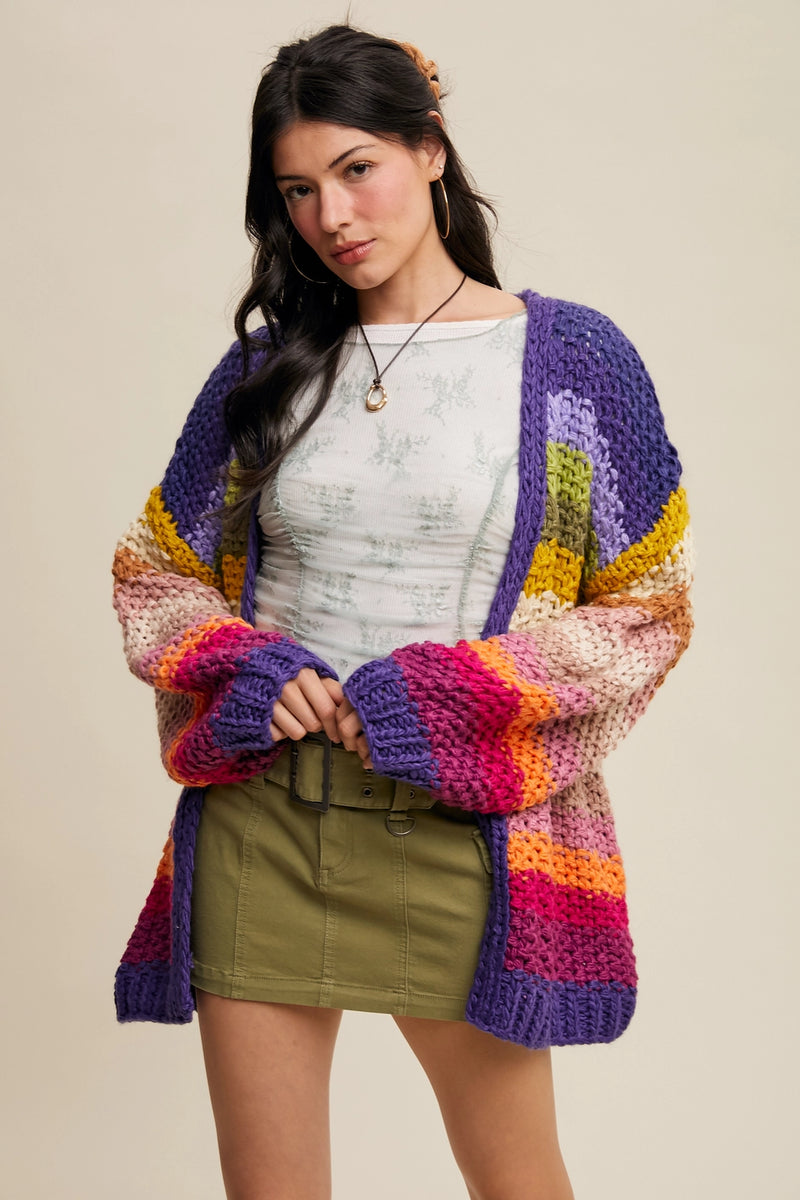Ellie Rainbow Crochet Open Cardigan in Rainbow Multi