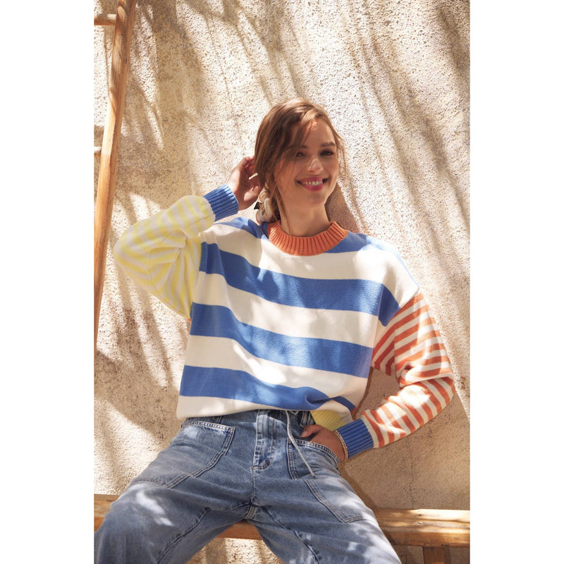 Joyful Color Blocked Striped Cotton Sweatshirt