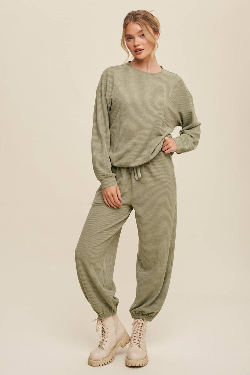 Waffle Knit Long Sleeve Lounge Set