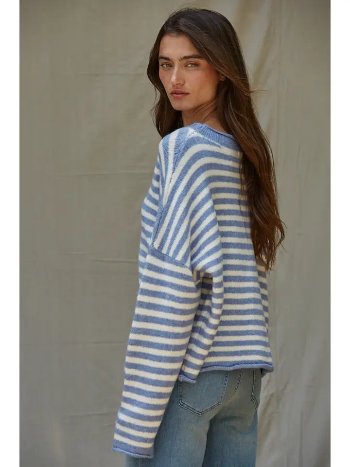 By Together Channel Knit Sweater Striped Cardigan in Blue