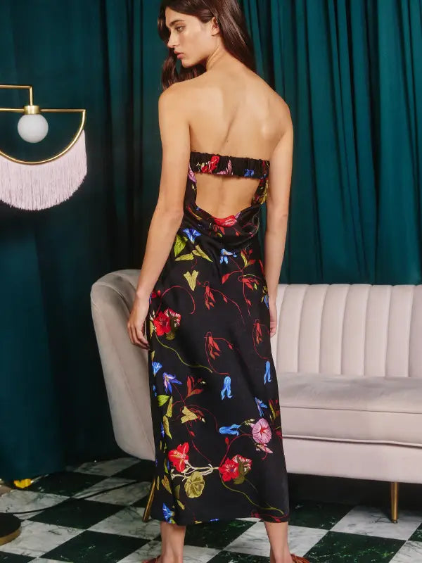 Open Back Floral Silky Strapless Midi Dress by Bucketlist Large Open Back Floral Silky Strapless Midi Dress by Bucketlist Large