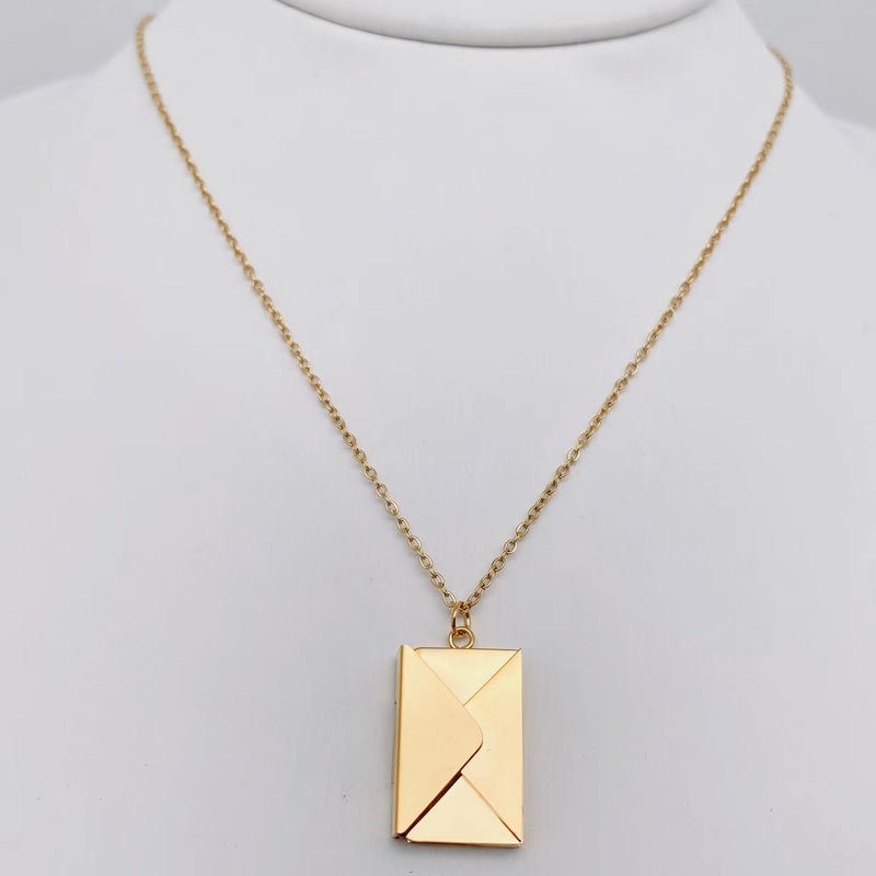 "I Love You" Stainless Steel Openable Envelope Necklace in Gold