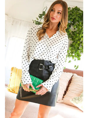 Faith Polka Dot Satin Button Up Blouse in White