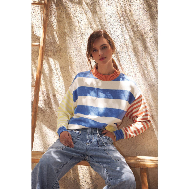 Joyful Color Blocked Striped Cotton Sweatshirt