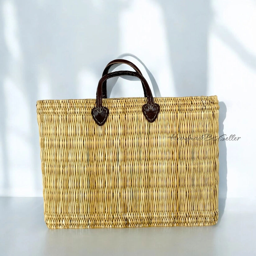 Leather Handled Market Reed Basket Tote in 3 Sizes