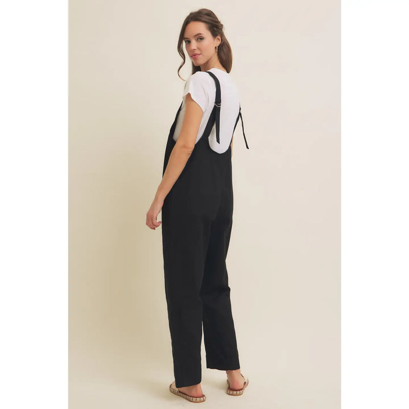 Relaxed Fit Cotton Twill Overalls With Pockets in Black