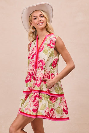 Vanessa Floral Printed Contrast Edge Sleeveless V Neck Dress