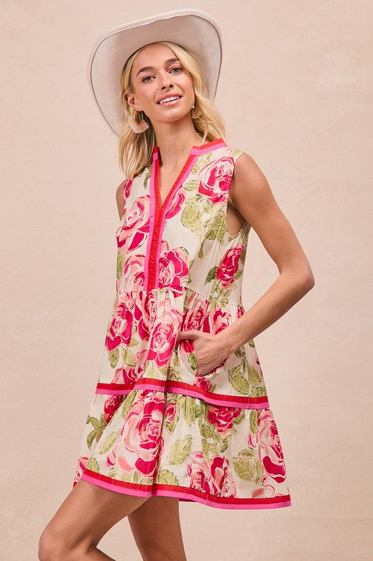 Vanessa Floral Printed Contrast Edge Sleeveless V Neck Dress